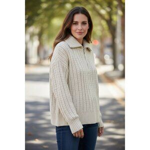 Aerie Womens Ribbed Half-Zip Oversized Sweater Large Beige Knit Pullover Cozy